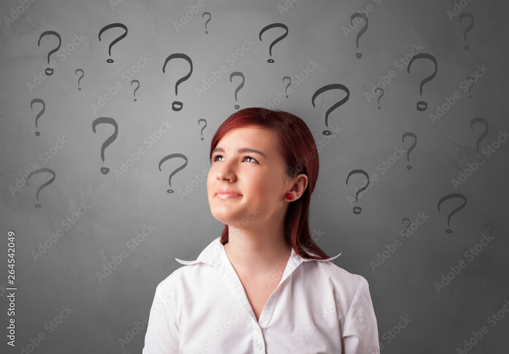 Person with question marks around face
