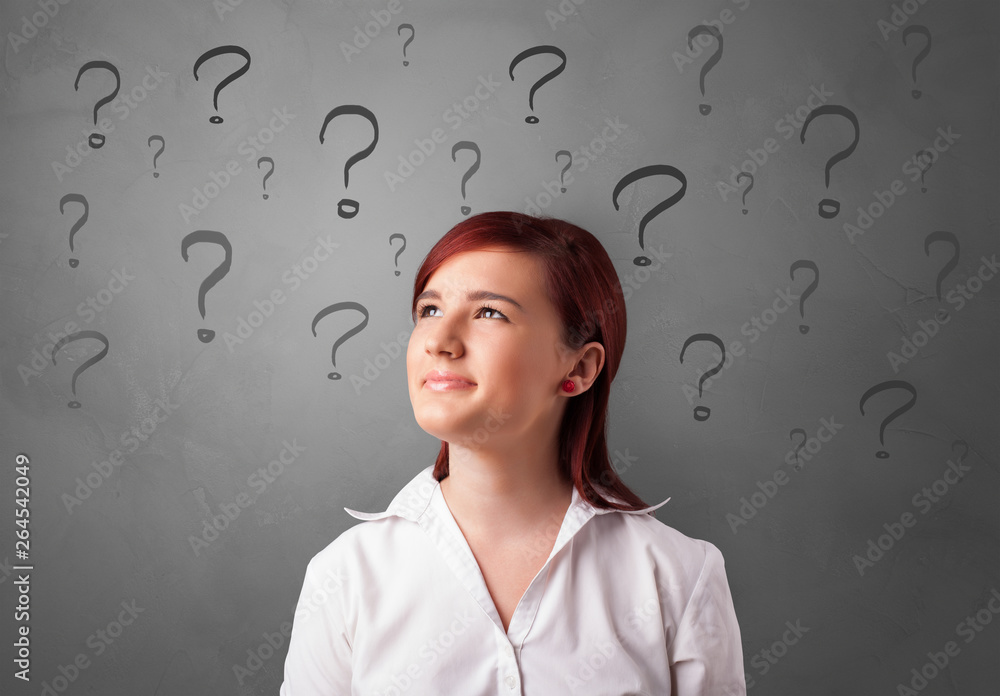 Person with question marks around face
Person with question marks around face