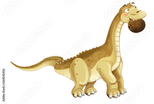 cartoon dinosaur diplodocus apatosaurus holding coconut illustration for children © honeyflavour