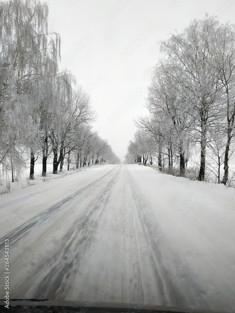 Winter road running between the frozen trees. Winter road running between the frozen trees.