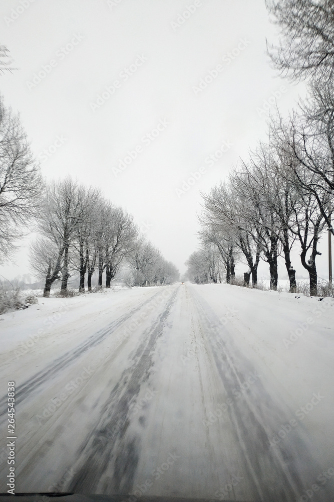 Winter road running between the frozen trees. Winter road running between the frozen trees.