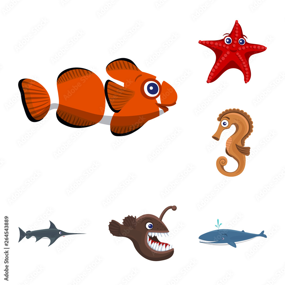 Fototapeta premium Isolated object of sea and animal icon. Collection of sea and marine stock symbol for web.