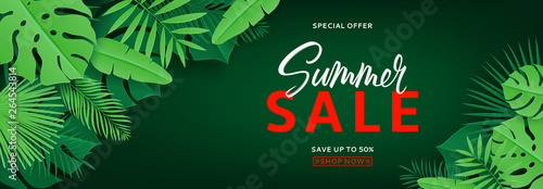 Tropical banner with green leaves for summer sale. Vector illustration with tropical leaves in paper cut style on dark green background.
