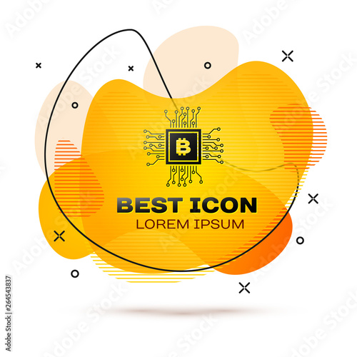 Black CPU mining farm icon isolated on white background. Bitcoin sign inside processor. Cryptocurrency mining community. Digital money. Fluid color banner. Vector Illustration