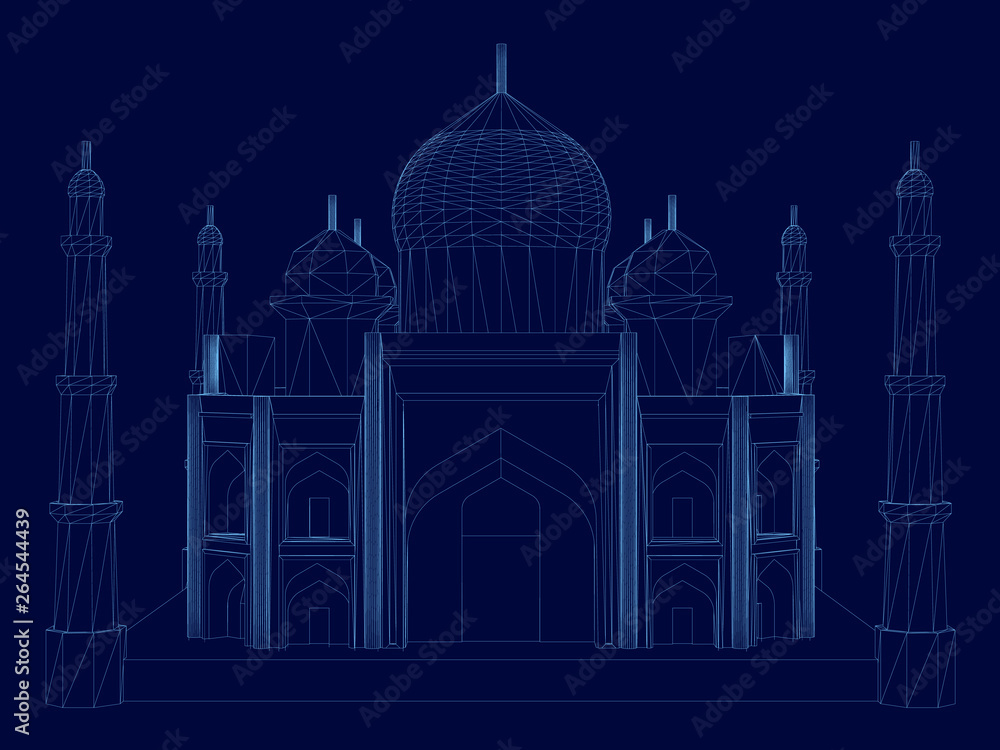 Wireframe of the Taj Mahal. Building of the blue lines on a dark background. Front view. Vector illustration