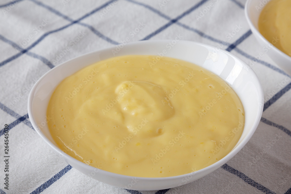 Homemade vanilla custard pudding in a bowl, side view. Close-up. Homemade vanilla custard pudding in a bowl, side view. Close-up.