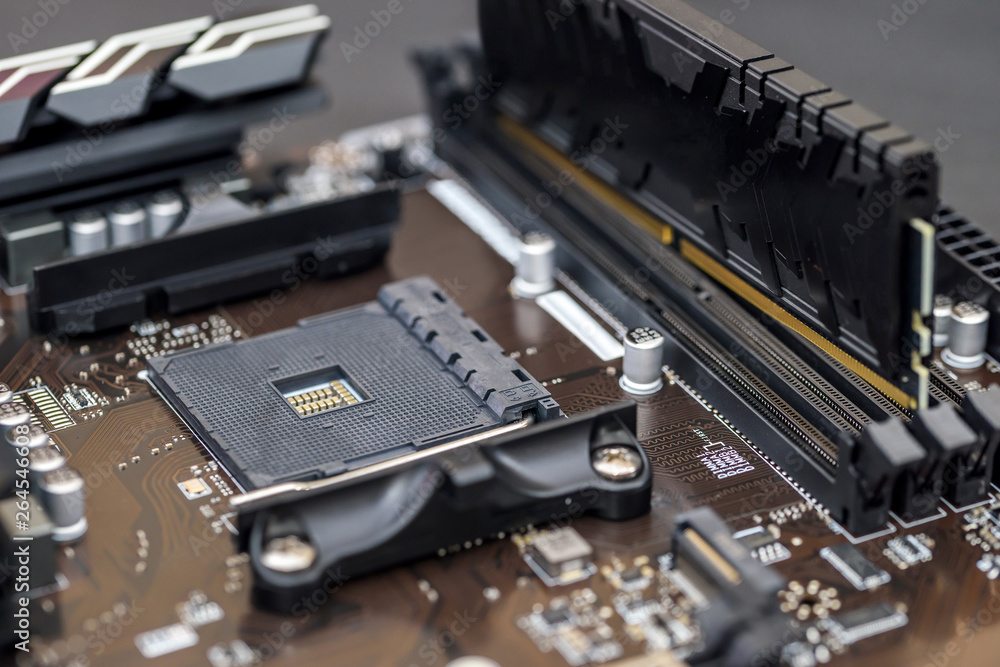 Close view of motherboard, engineering concept, background Close view of motherboard, engineering concept, background