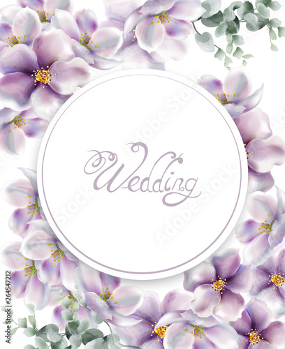 Cherry flowers wedding card watercolor Vector. Delicate spring blossom backgr...