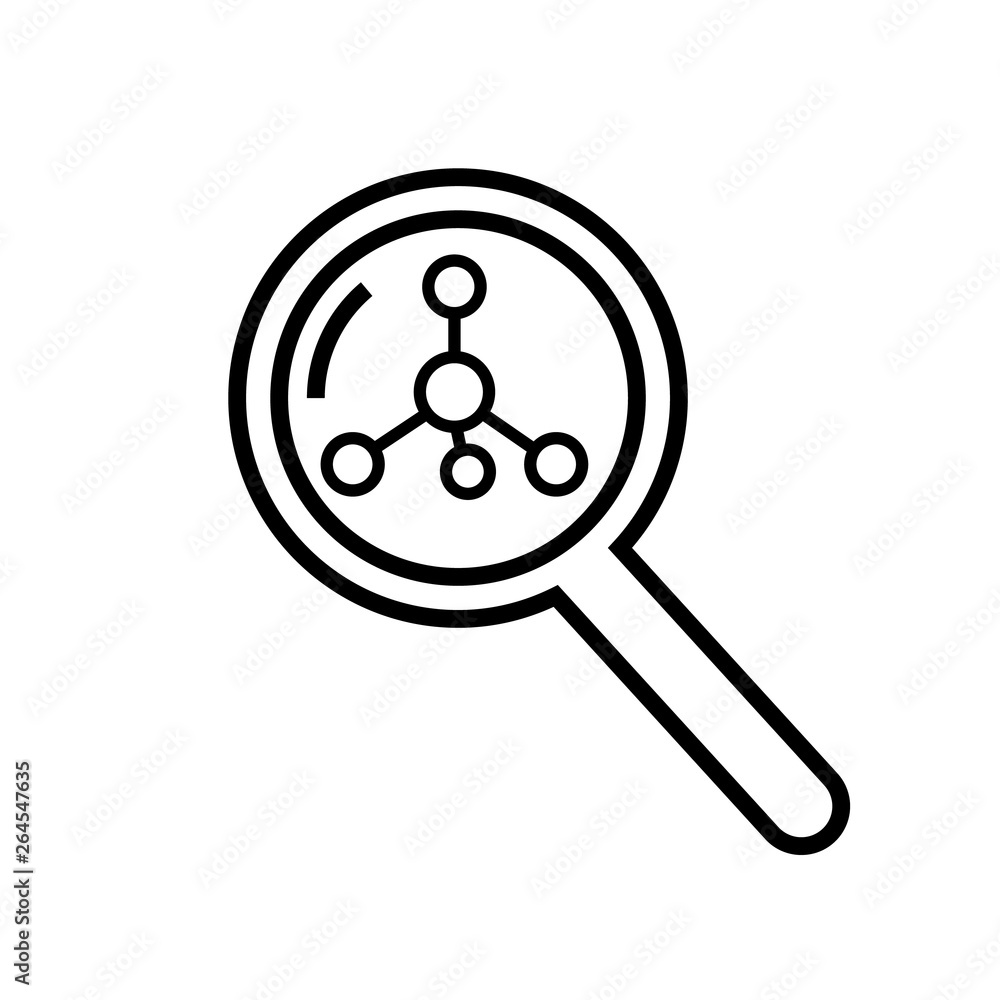 Scientific research vector icon, magnifier and atomic structure on white background