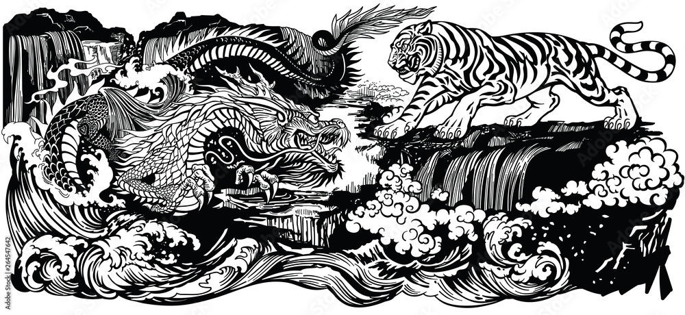 Fototapeta Chinese East Asian dragon versus tiger in the landscape with waterfall and water waves . Two spiritual creatures in the Buddhism representing the spirit heaven and matter earth. Black and white graphi