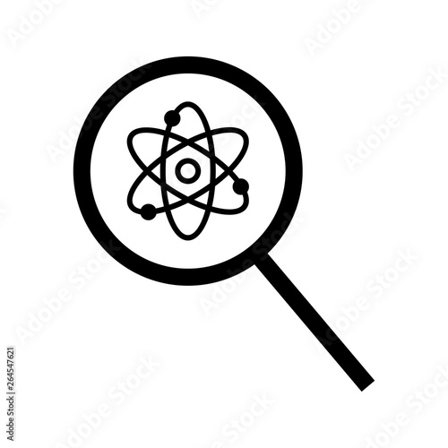 Scientific discovery vector icon, loupe and atomic orbitales on white background
