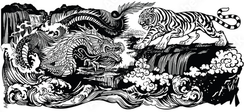 Chinese East Asian dragon versus tiger in the landscape with waterfall and water waves . Two spiritual creatures in the Buddhism representing the spirit heaven and matter earth. Black and white graphi