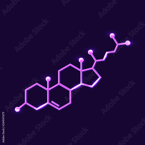 Neon cholesterol chemical formula vector icon on dark background