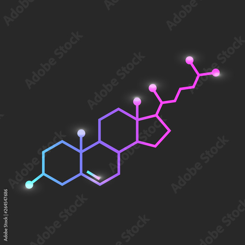 Shining cholesterol chemical formula vector icon on dark background