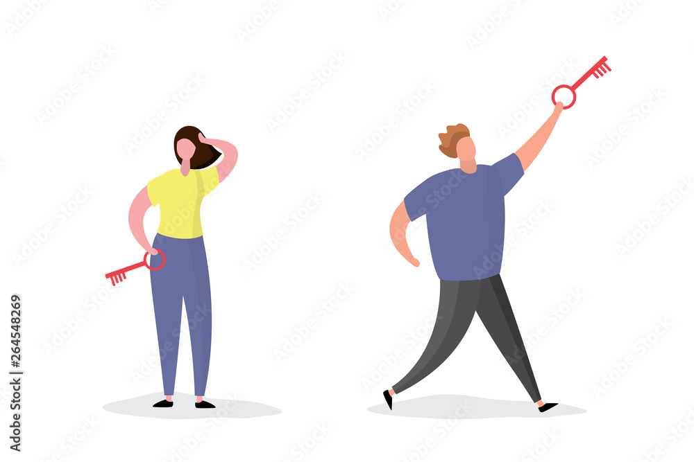 Male and female characters with keys,isolated on white background Male and female characters with keys,isolated on white background