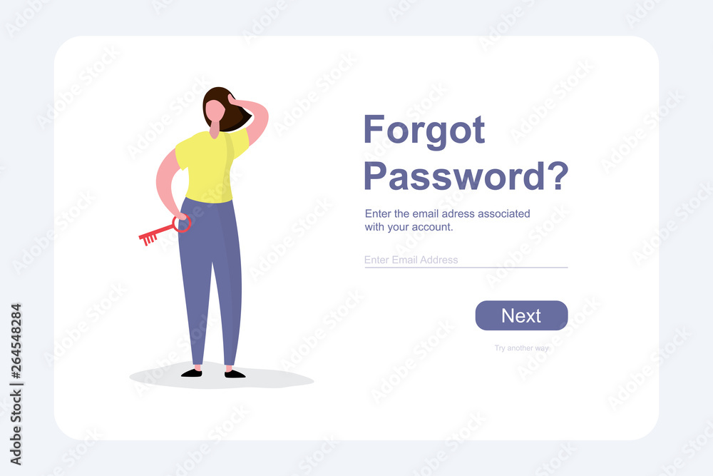 Cute female with the key in hand, forgot password-text,security web page template Cute female with the key in hand, forgot password-text,security web page template