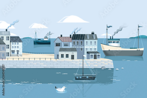 Serene Sea Landscape with Buildings and Ships
