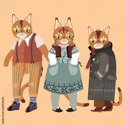 Three Cats Wearing Vintage Clothing