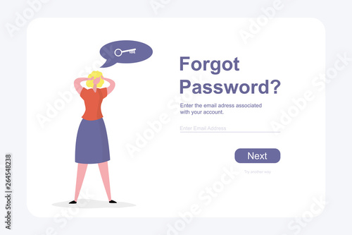Cute female think about key, forgot password-text,security web page template