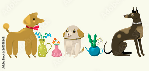 Three Dog Friends with Flowerpots