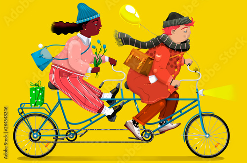 Young Couple Riding a Tandem Bicycle