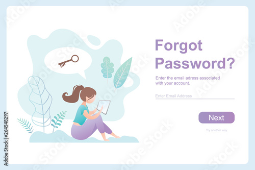 Girl with tablet pc and speech bubble with key,forgot password template banner