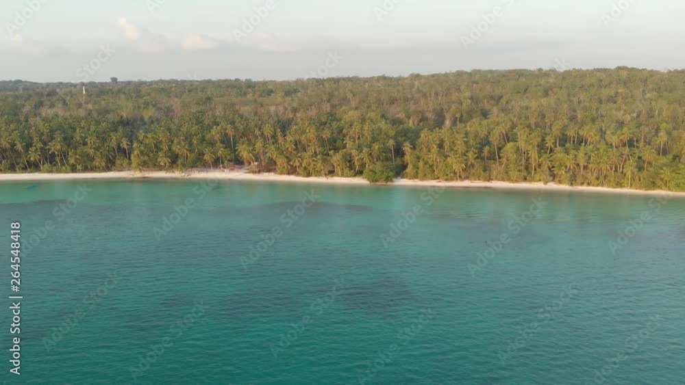 Aerial: uncontaminated white sand beach sunset at Wab Kei Islands Maluku Indonesia palm tree forest turquoise water no people. Native cinelike D-log color profile Aerial: uncontaminated white sand beach sunset at Wab Kei Islands Maluku Indonesia palm tree forest turquoise water no people. Native cinelike D-log color profile