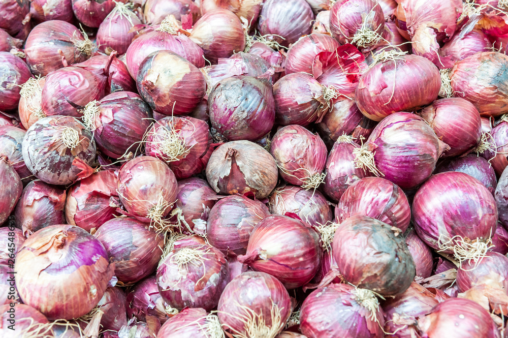 Red onions sold at shuk hacarmel market, Tel Aviv, Israel
