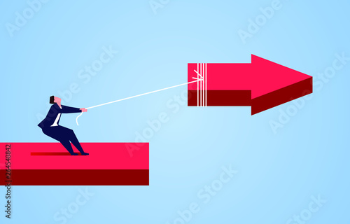 Businessman uses the rope to pull back the broken arrow