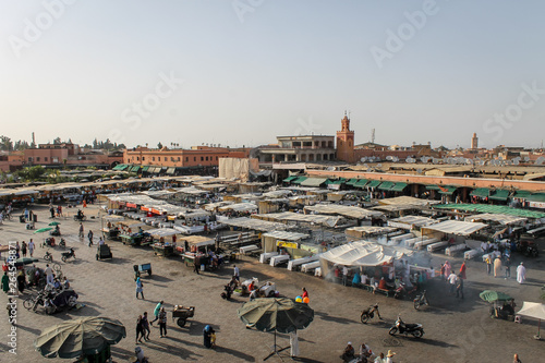Jamaa el Fna market square during daytime, Marrakesh, Morocco, north Africa. Jemaa el-Fnaa, Djema el-Fna or Djemaa el-Fnaa is a famous square and market place in Marrakesh's medina quarter.
