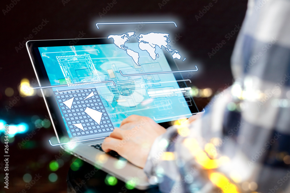 modern laptop with 3d hud on the table b modern laptop with 3d hud on the table b
