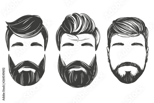 Bearded man in profile, barbershop, hairstyle, haircut, set hand drawn vector illustration realistic sketch