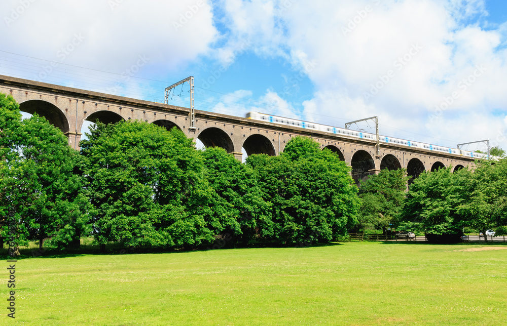 Fototapeta premium Digswell Viaduct (Welwyn Viaduct) with train in motion, located between Welwyn Garden City and Digswell in the UK
