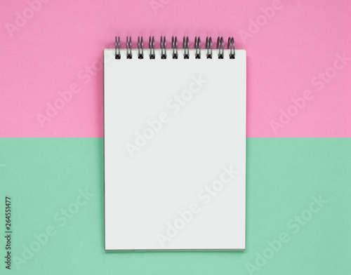 Open spiral notepad on a pink and green background. Flat lay with copy space.