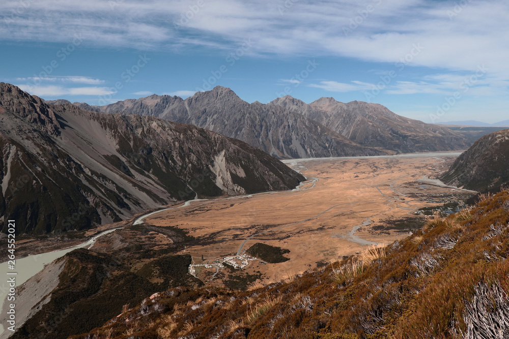 Muller hut track in New Zealand, South Island, Mount Cook area, view to Mueller lake and Hooker Lake