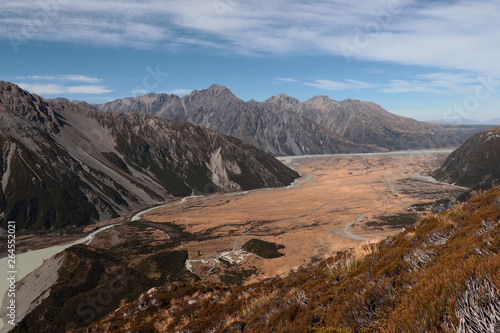 Muller hut track in New Zealand, South Island, Mount Cook area, view to Mueller lake and Hooker Lake