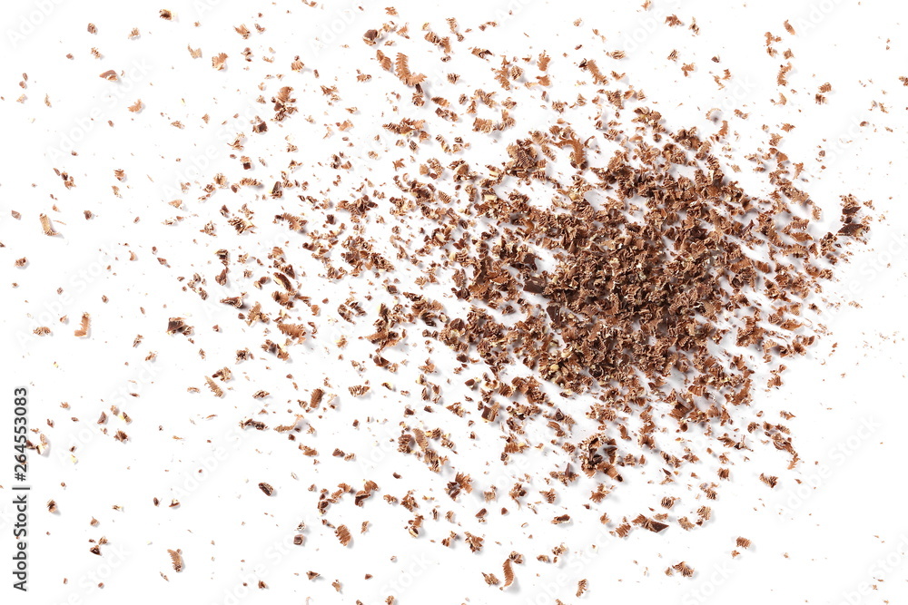 Pile chopped, milled chocolate with hazelnut isolated on white background, top view Pile chopped, milled chocolate with hazelnut isolated on white background, top view