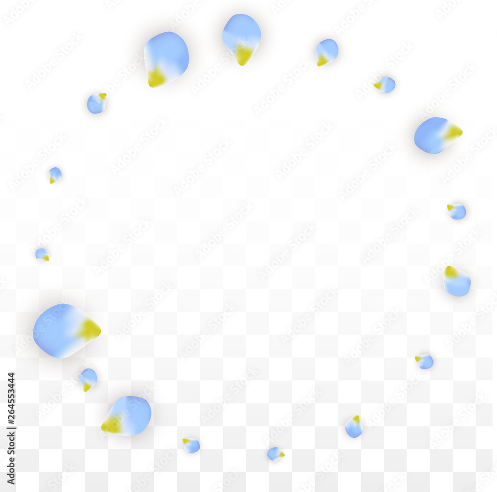 Vector Realistic Blue Petals Falling on Transparent Background. Spring Romantic Flowers Illustration. Flying Petals. Sakura Spa Design. Blossom Confetti. Vector Realistic Blue Petals Falling on Transparent Background. Spring Romantic Flowers Illustration. Flying Petals. Sakura Spa Design. Blossom Confetti.