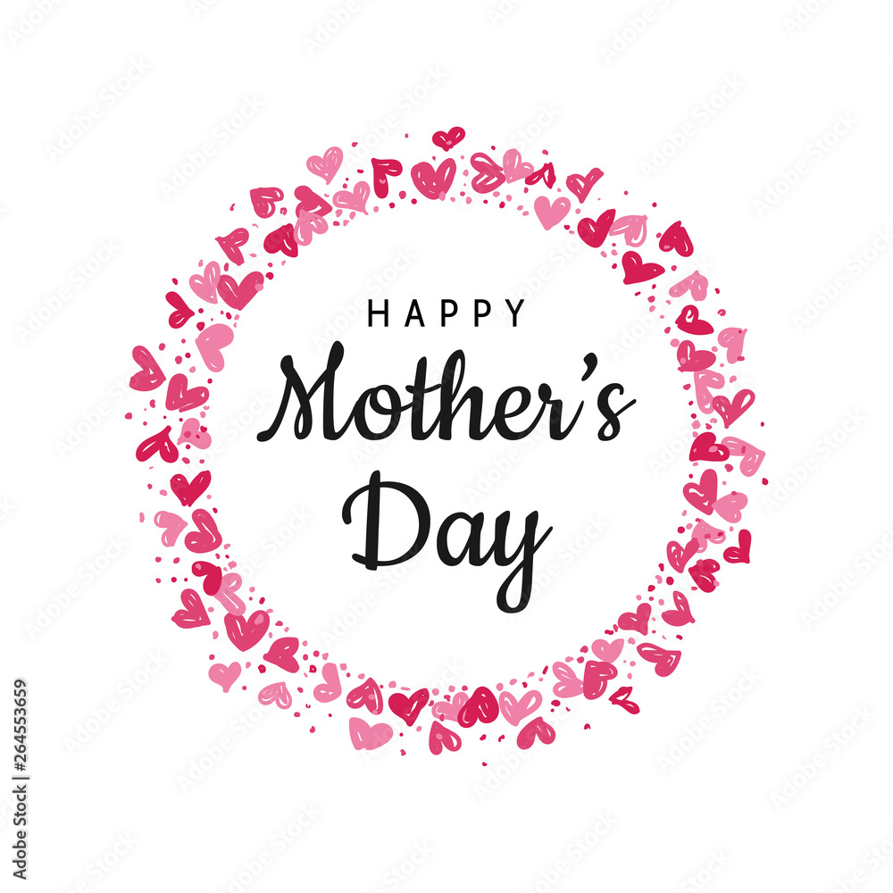 Happy Mother's Day lettering poster with wreath made from hearts. 