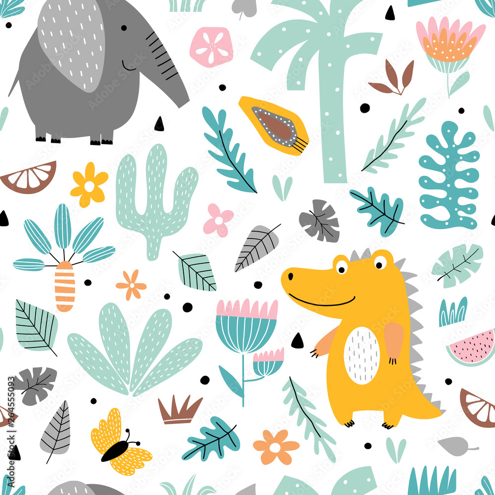 Crocodile and elephant in pastel style