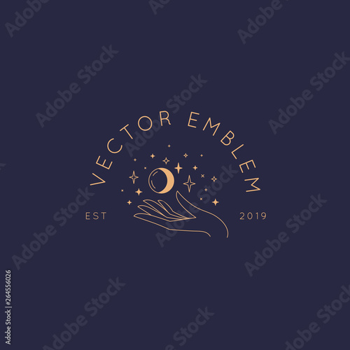Vector abstract logo design template in trendy linear minimal style - hand with moon and stars