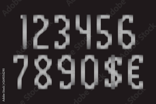 White linen textured numbers with currency signs in monochrome urban style.