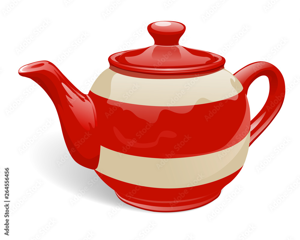 Realistic ceramic teapot. Red and beige with stripes. Isolated on white background. Vector illustration. Realistic ceramic teapot. Red and beige with stripes. Isolated on white background. Vector illustration.