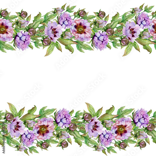 Beautiful peony flowers in garlands on white background. Seamless floral patt...