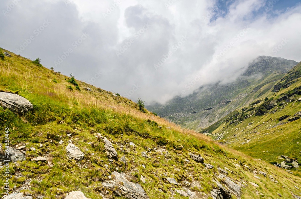 Fototapeta premium The Transfagarasan road in Fagaras mountains, Carpathians with green grass and rocks, peaks in the clouds