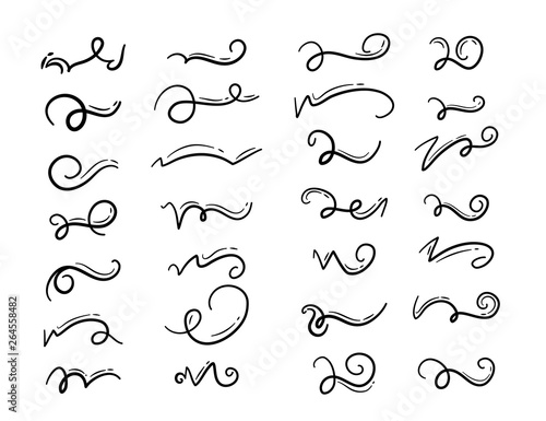 Set of hand drawn lettering and calligraphy swirls, squiggles. Vector ink swirl and swoop decorations for composition