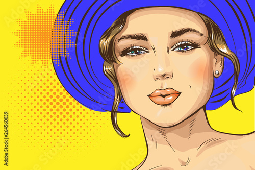 Vector pop art pin up illustration of a sexy girl in a luxurious hat. Excellent poster for advertising discounts and sales in the style of pop art