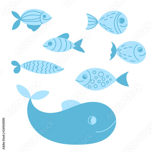Funny fish vector characters. Colorful tropical set vector illustration. Sea animals collection isolated on white background