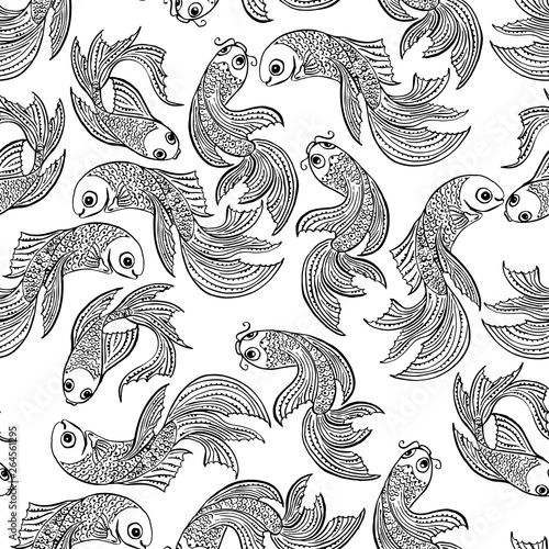 seamless pattern with beautiful fish. Vector embroidery for fashion textile and fabric