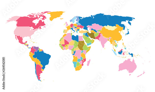 Cartoon pictures of world map on white background. All countries of the world in different colors. Can use for printing, website, presentation element, textile. Vector illustration.